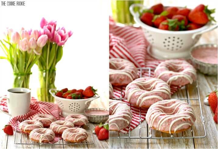 donuts, pink tulips, coffee, and strawberries on a table