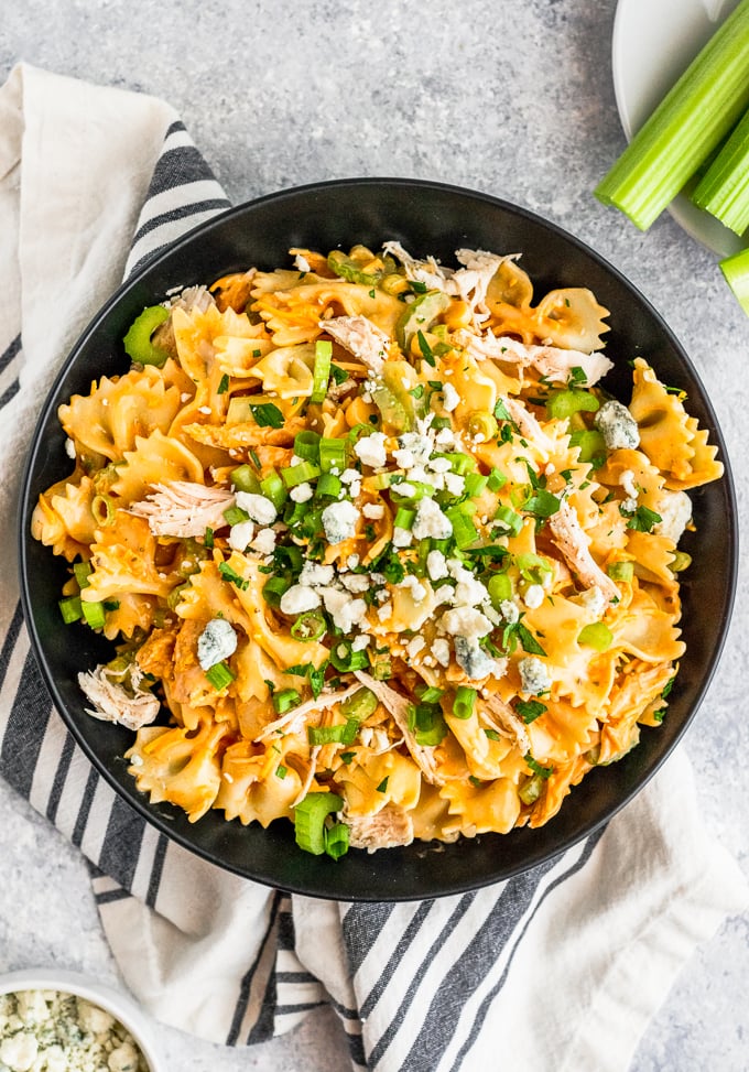 Buffalo Chicken Pasta Salad with blue cheese crumbles