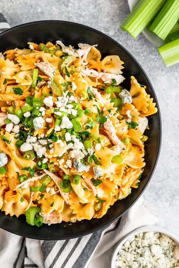 Overhead shot of Buffalo Chicken Pasta Salad