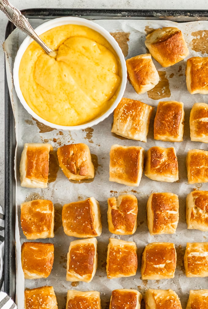 bowl of cheese and pretzel bites