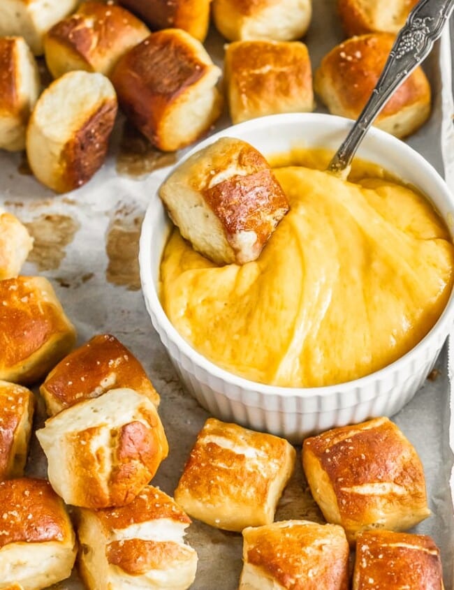 Soft Pretzel Bites on a tray with cheese