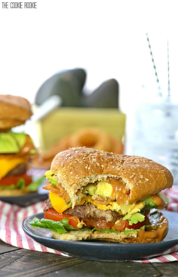 It doesn't get better than Loaded Cowboy Burgers with Spicy BBQ Mayo! Cheese, bacon, avocado, onion rings, ALL THE TOPPINGS! BEST BURGER EVER!
