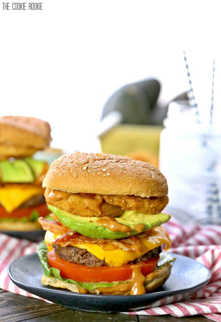 It doesn't get better than Loaded Cowboy Burgers with Spicy BBQ Mayo! Cheese, bacon, avocado, onion rings, ALL THE TOPPINGS! BEST BURGER EVER!