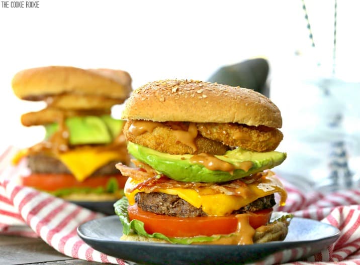 It doesn't get better than Loaded Cowboy Burgers with Spicy BBQ Mayo! Cheese, bacon, avocado, onion rings, ALL THE TOPPINGS! BEST BURGER EVER!