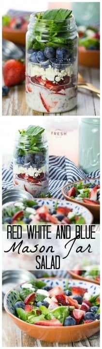 Red White and Blue Mason Jar Salad! So cute and easy. Perfect for Memorial Day and Fourth of July! Strawberry and Blueberry Salad with Feta. Yum.
