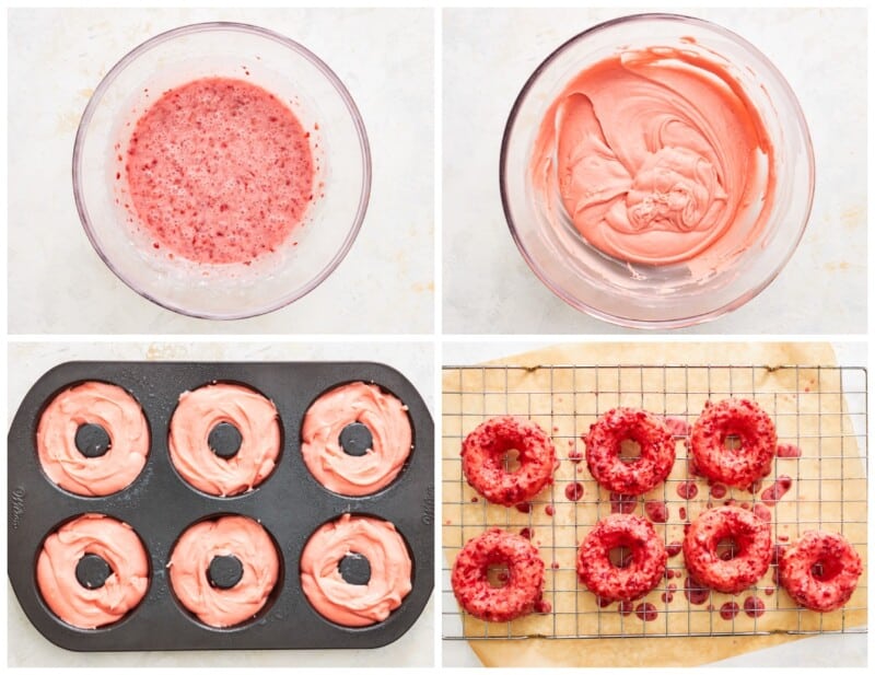step by step photos for how to make strawberry donuts.