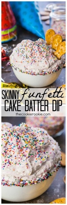 Skinny(er) Funfetti Cake Batter Dip! Birthday party favorite! SO easy and delicious. MAKE AHEAD THE NIGHT BEFORE!