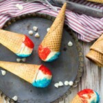 patriotic ice cream cones with red, white and blue sprinkles.