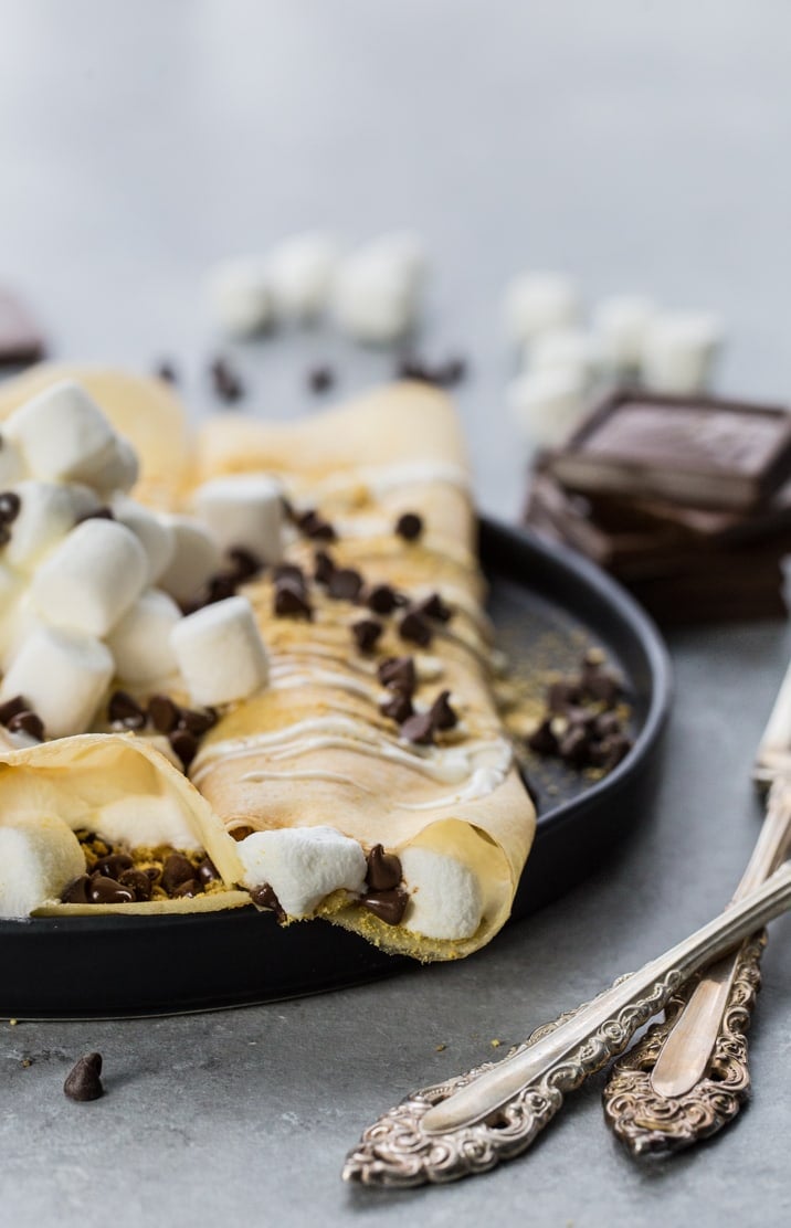 crepes with marshmallows, chocolate chips, and graham cracker crumbs