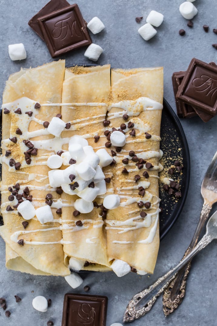 crepes topped with marshmallows and chocolate chips