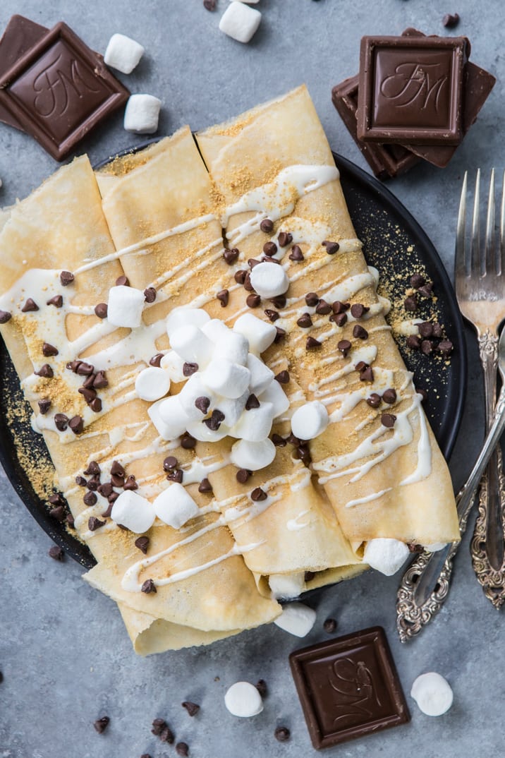 top view of loaded smores crepes
