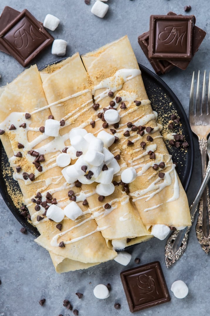 top view of loaded smores crepes