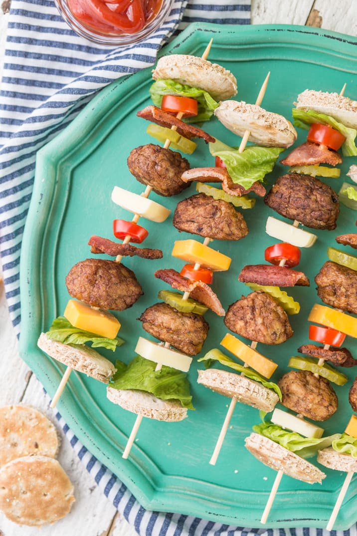 cheeseburger shish kebabs on a plate