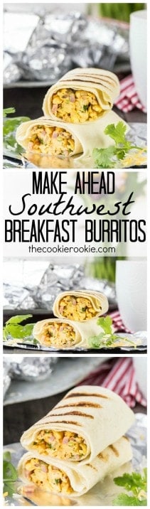 Make Ahead Southwest Breakfast Burritos couldn't be easier or more delicious! These easy make ahead breakfast burritos are the perfect meal to take camping or freeze for busy mornings before school!