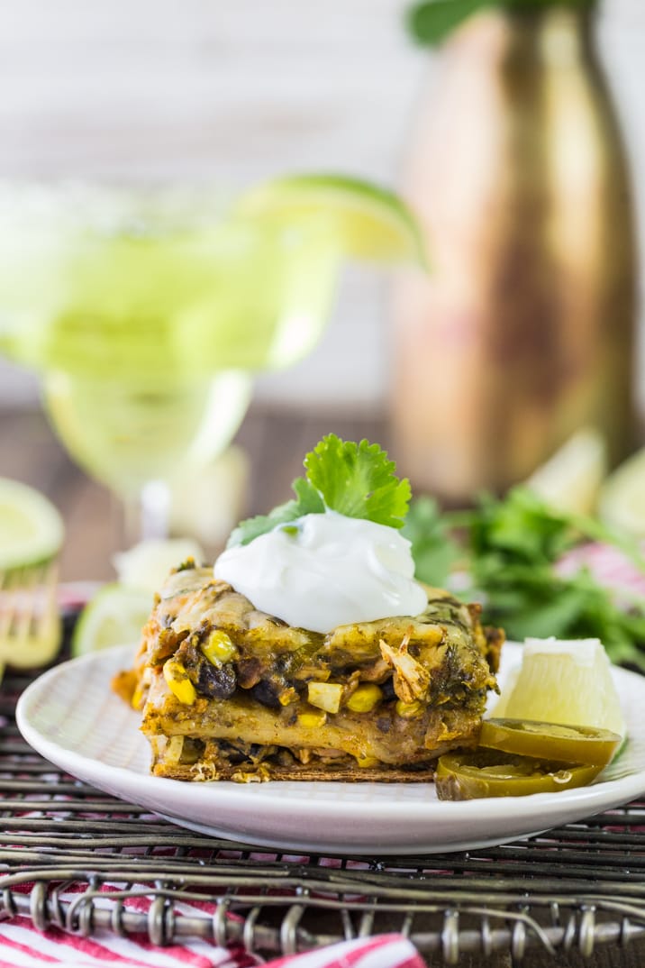 chicken mexican lasagna bake topped with sour cream