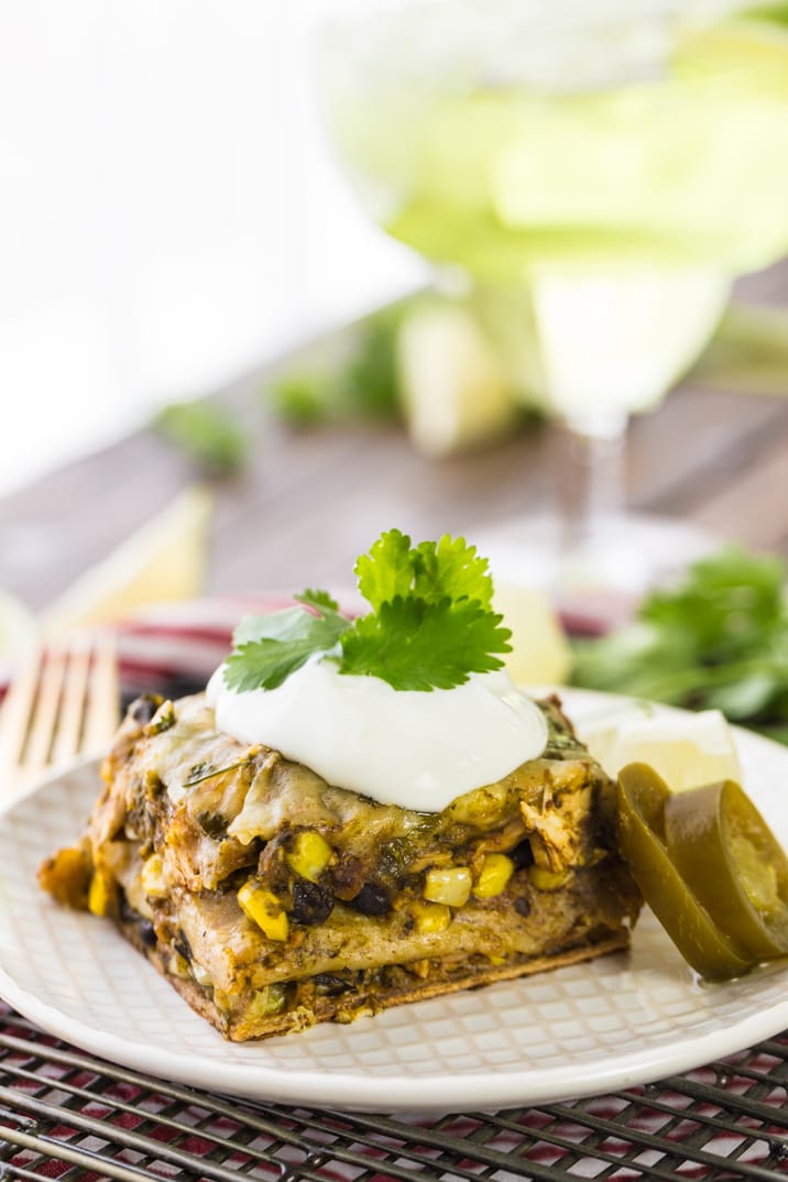 mexican lasagna bake topped with sour cream