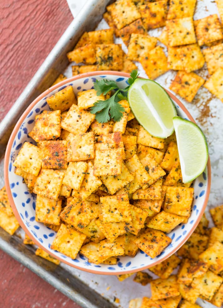 Mexican Spice Cheese Crackers in a bowl on baking pan