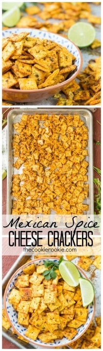 Mexican Spice Cheese Crackers, perfect for any party of for tailgating! Made with cheese-its, taco seasoning, and cilantro! SO ADDICTING!
