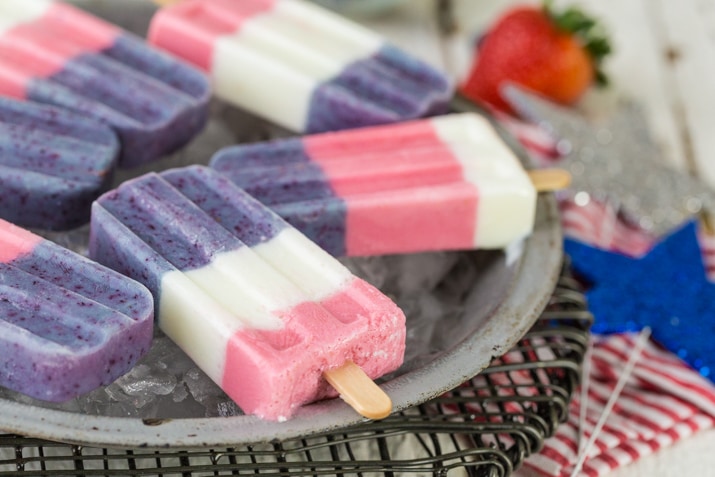 Red White and Blue Smoothie Pops on a tray