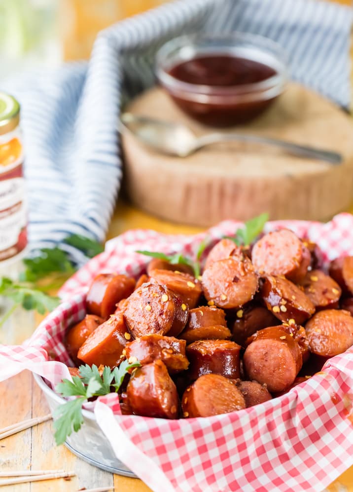 sweet and spicy slow cooker kielbasa bites