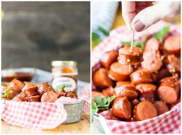 Slow Cooker Sweet and Spicy Kielbasa is our FAVORITE easy party appetizer! Made with pepper jelly and bbq sauce, SO GOOD!
