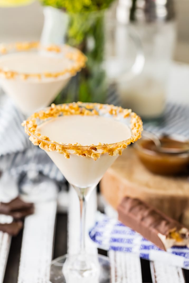 martinis on a table with snickers ice cream bars