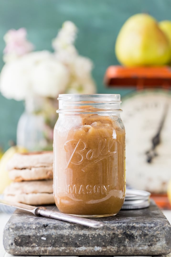 One Hour Super Easy Pear Butter, made on the stovetop in under an hour! Pears are all the rage this season, and this Pear Butter is perfection!