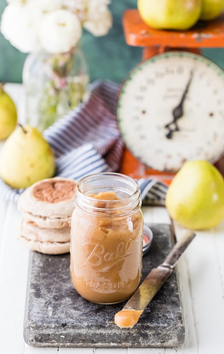 One Hour Super Easy Pear Butter, made on the stovetop in under an hour! Pears are all the rage this season, and this Pear Butter is perfection!