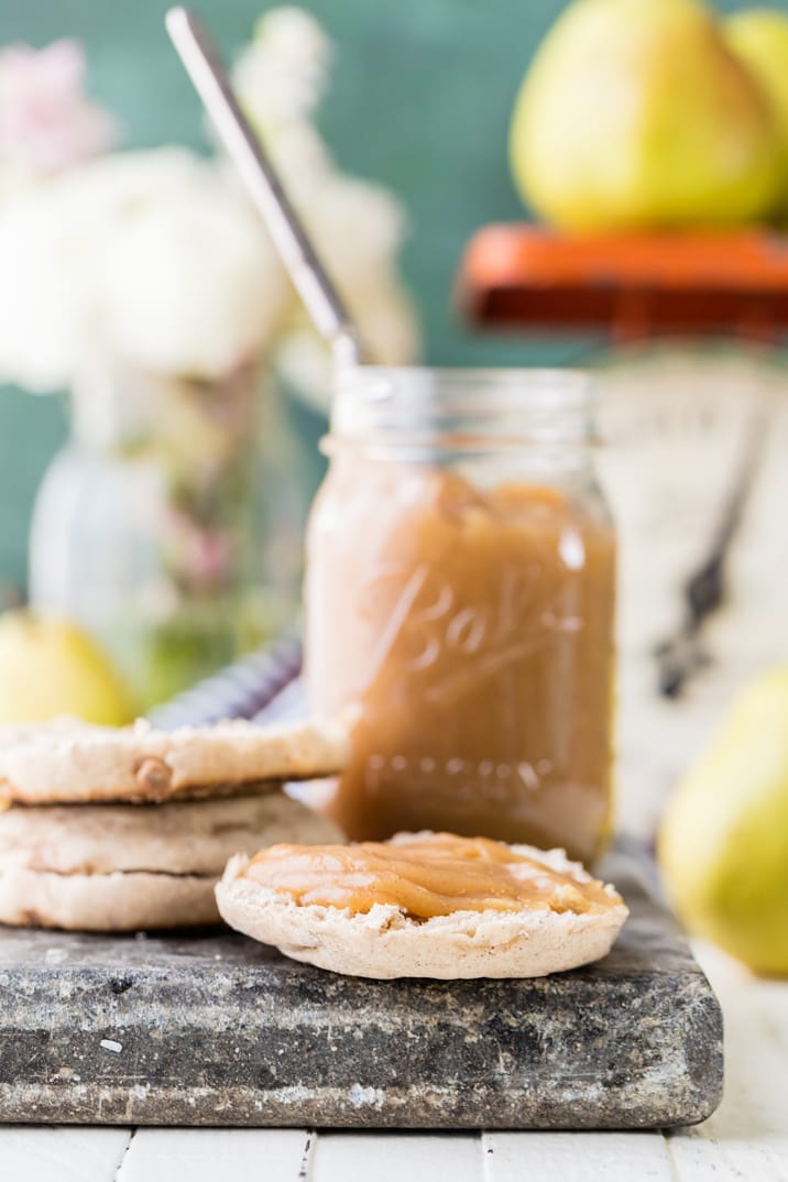 english muffin with pear butter on it
