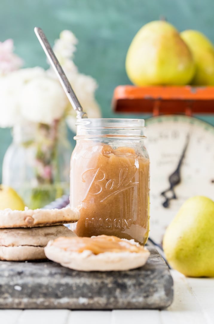 One Hour Super Easy Pear Butter, made on the stovetop in under an hour! Pears are all the rage this season, and this Pear Butter is perfection!