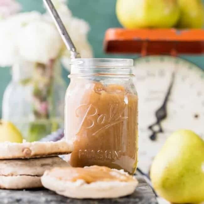 pear butter in a jar on table