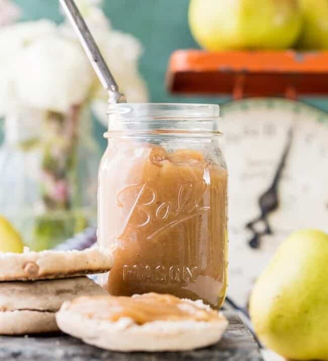 pear butter in a jar on table