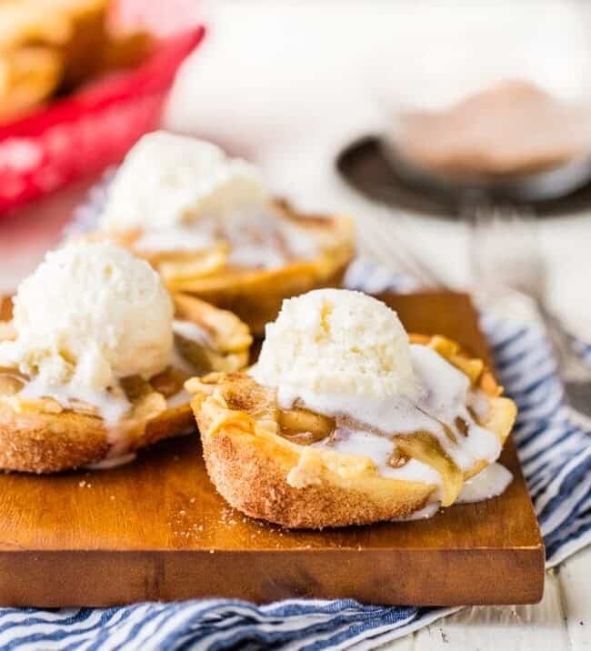 Mini Apple Pie Taco Boats on wooden platter