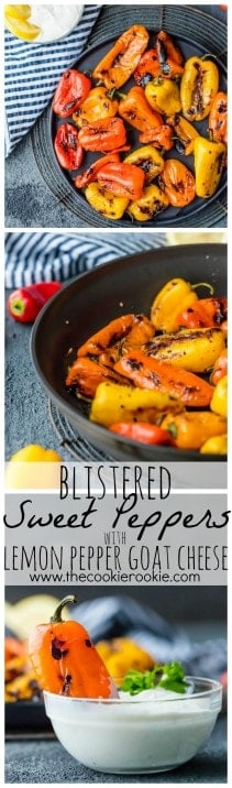 Blistered Sweet Peppers with Lemon Pepper Goat Cheese Dip!! The easiest, prettiest, and TASTIEST appetizer you'll ever make! HEALTHY and delicious!