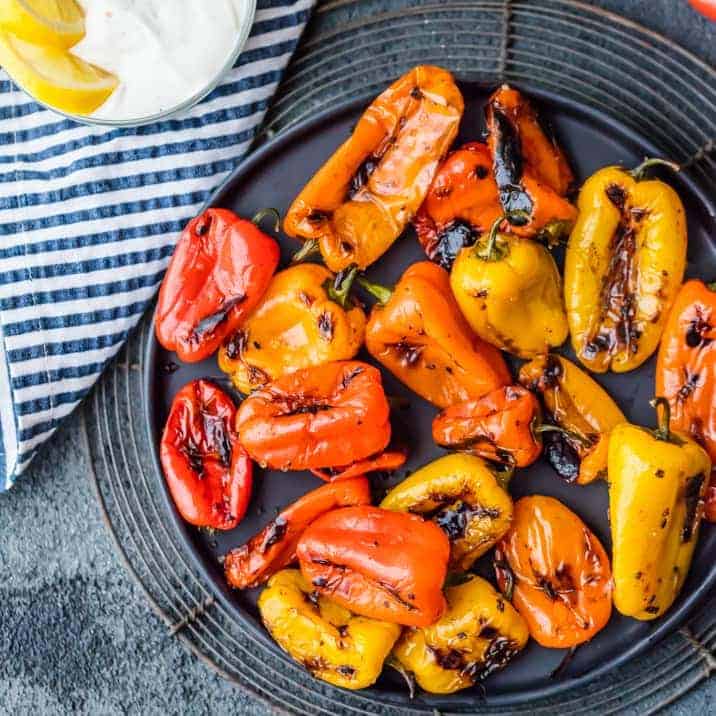 Blistered Sweet Peppers with Lemon Pepper Goat Cheese Dip