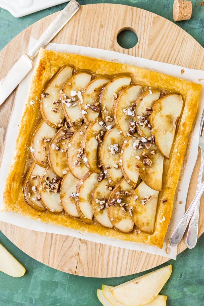 top close up view of the super easy pear tart