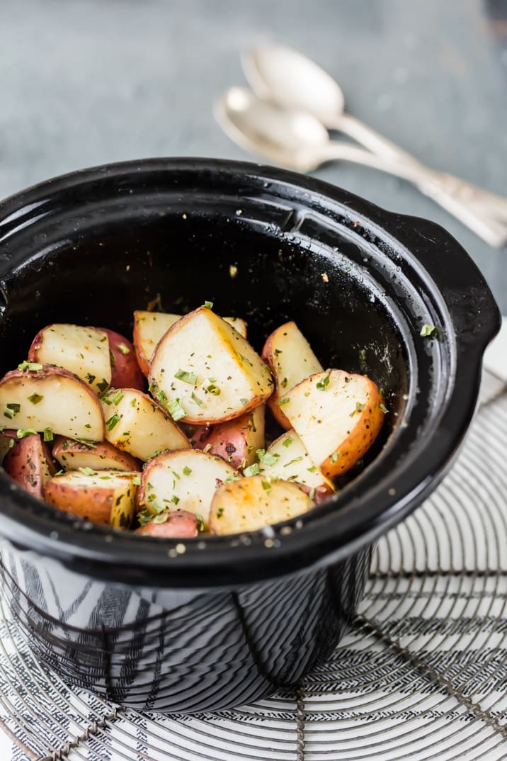 slow cooker potatoes with ranch seasoning in crockpot