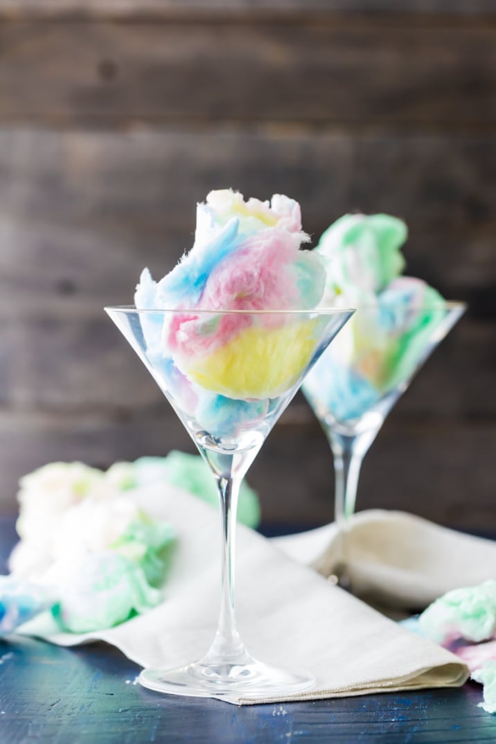 martini glasses filled with cotton candy