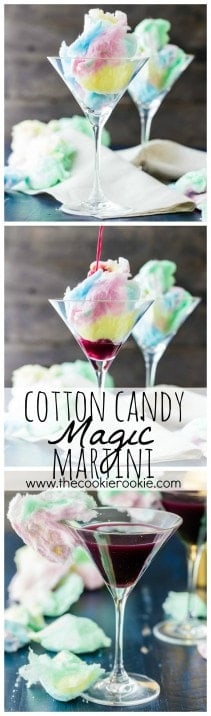 Magic Cotton Candy Martini (Plus Kid Friendly Version). There are SO FUN for Halloween or any time! The Cotton Candy dissolves in the juice!