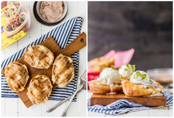 apple pie taco boats on wooden cutting board