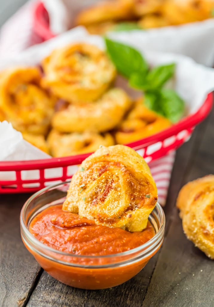 pizza roll dipped in marinara