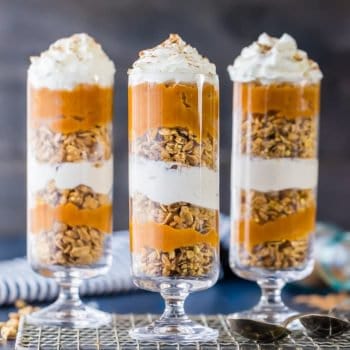 Cheesecake & Pumpkin Pie Parfaits! The perfect healthy(er) alternative to our favorite Thanksgiving pie! Loaded with cinnamon granola, no bake cheesecake, and pumpkin pie!