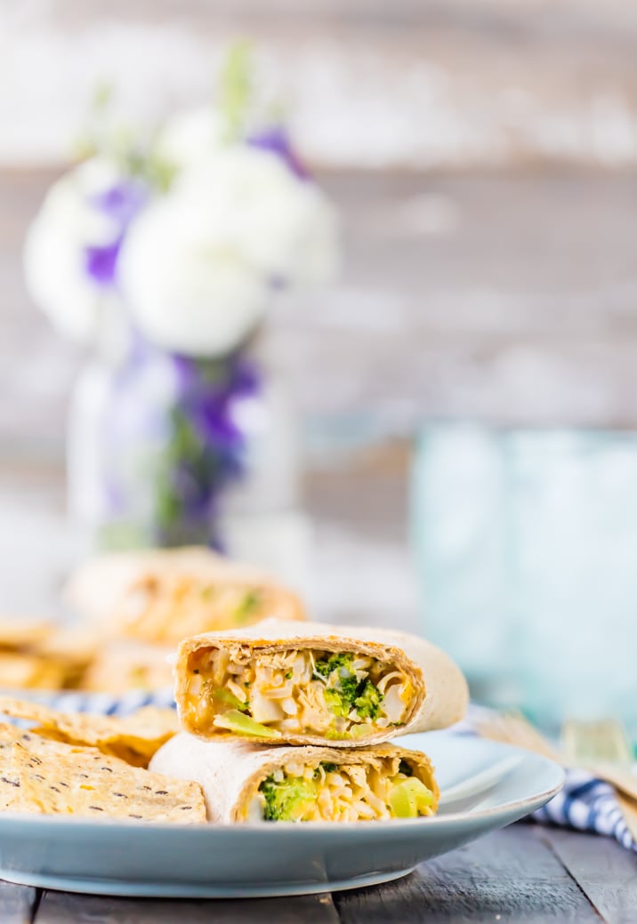 broccoli, rice, chicken, ranch, and cheese in a burrito