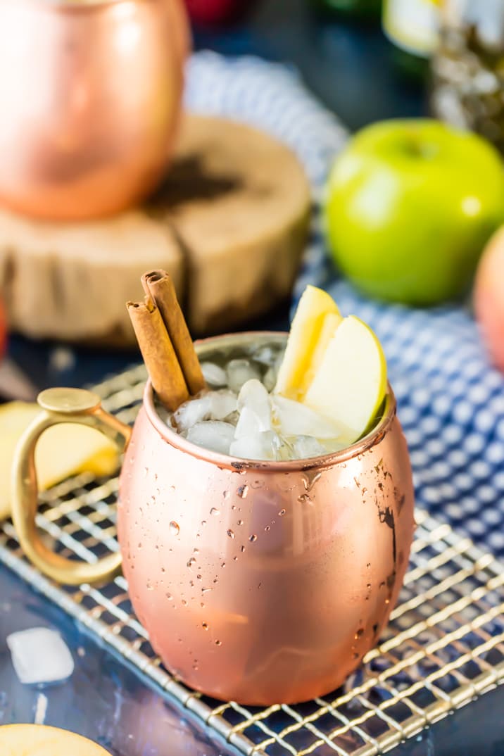 a copper mug with ice, cinnamon sticks, and sliced apples 