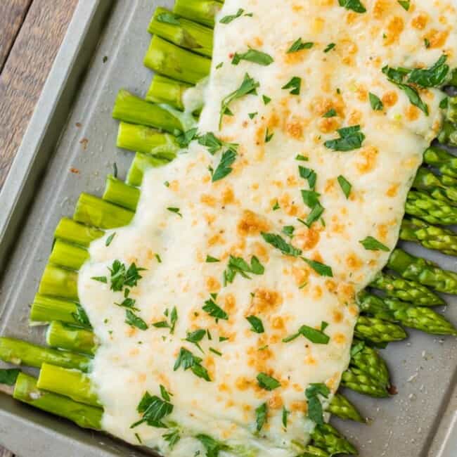 Three Cheese Asparagus Gratin; Asparagus under a creamy blanket of cheese. What could be better?? The perfect EASY Thanksgiving side dish!