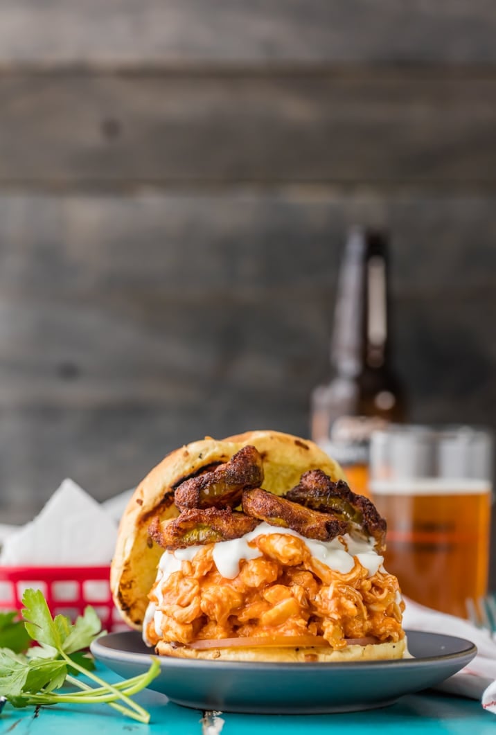 slow cooker buffalo chicken sandwich on a plate