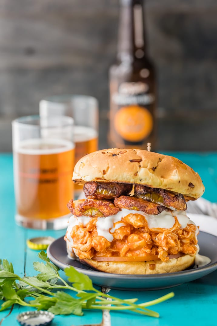 Crockpot buffalo chicken sandwich on a plate