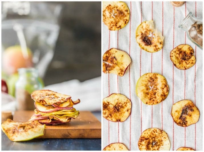 two pictures- stack of cinnamon sugar microwave apple chips and spread out on a striped towel