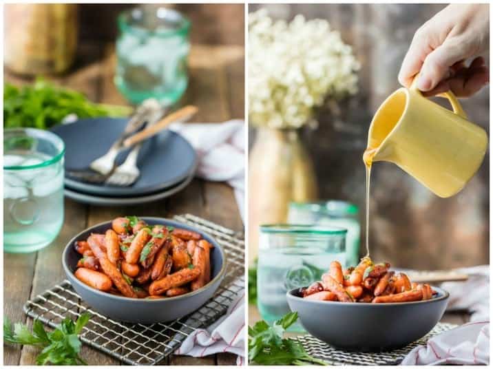 a bowl of honey roasted carrots on a wire rack