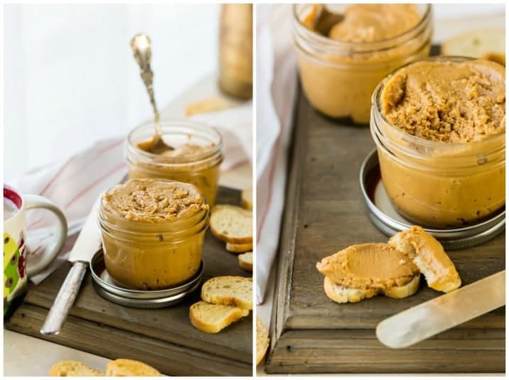 peanut butter fluff spread in a jar on a wooden cutting board with knife